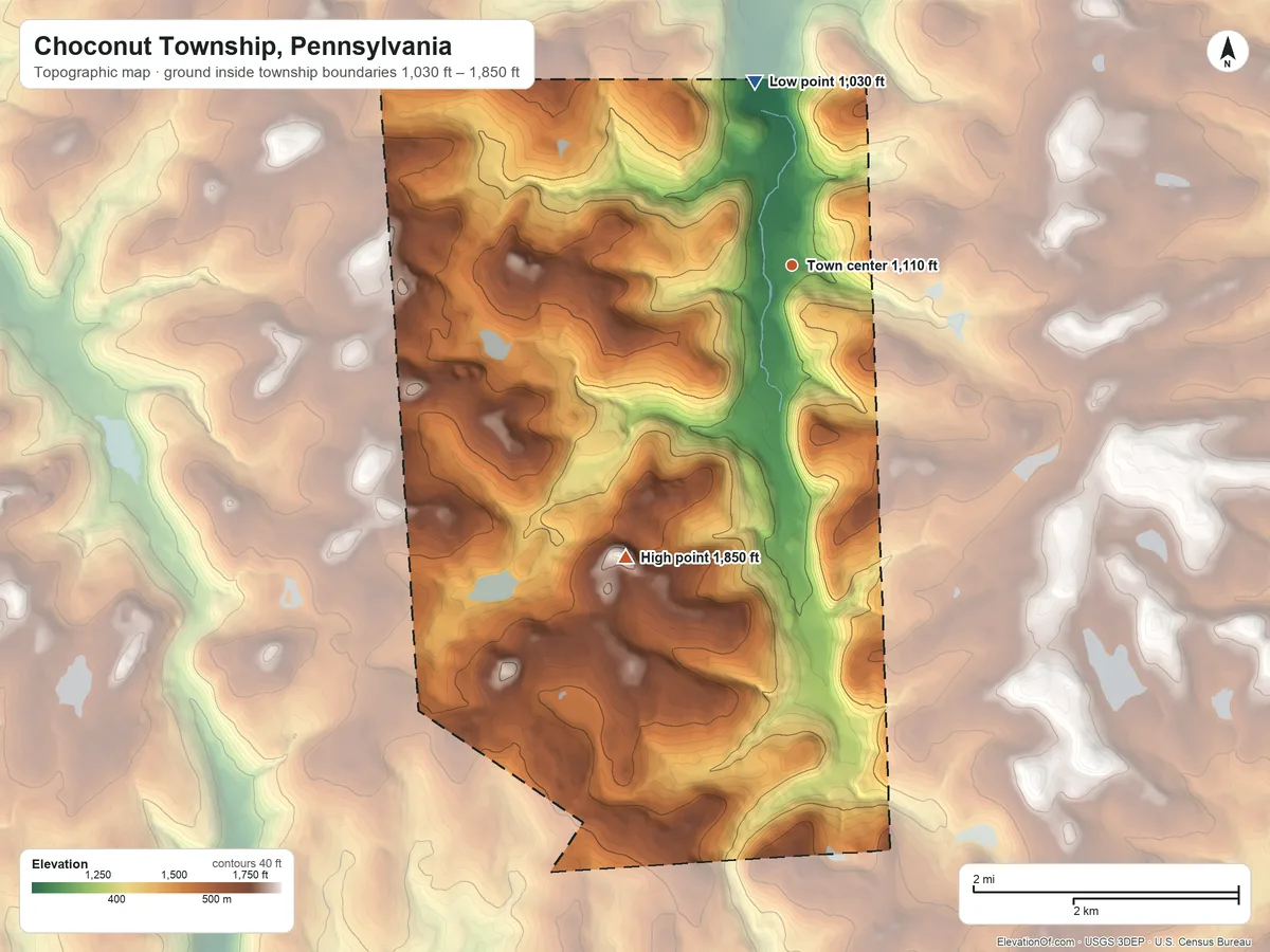 Topographic elevation map of Choconut Township, Pennsylvania, shaded from 1,030 ft on the north side to 1,850 ft on the southwest side