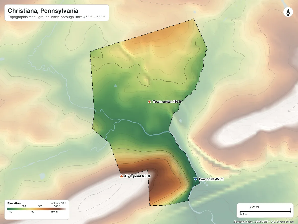 Topographic elevation map of Christiana, Pennsylvania, shaded from 450 ft on the southeast side to 630 ft on the south side