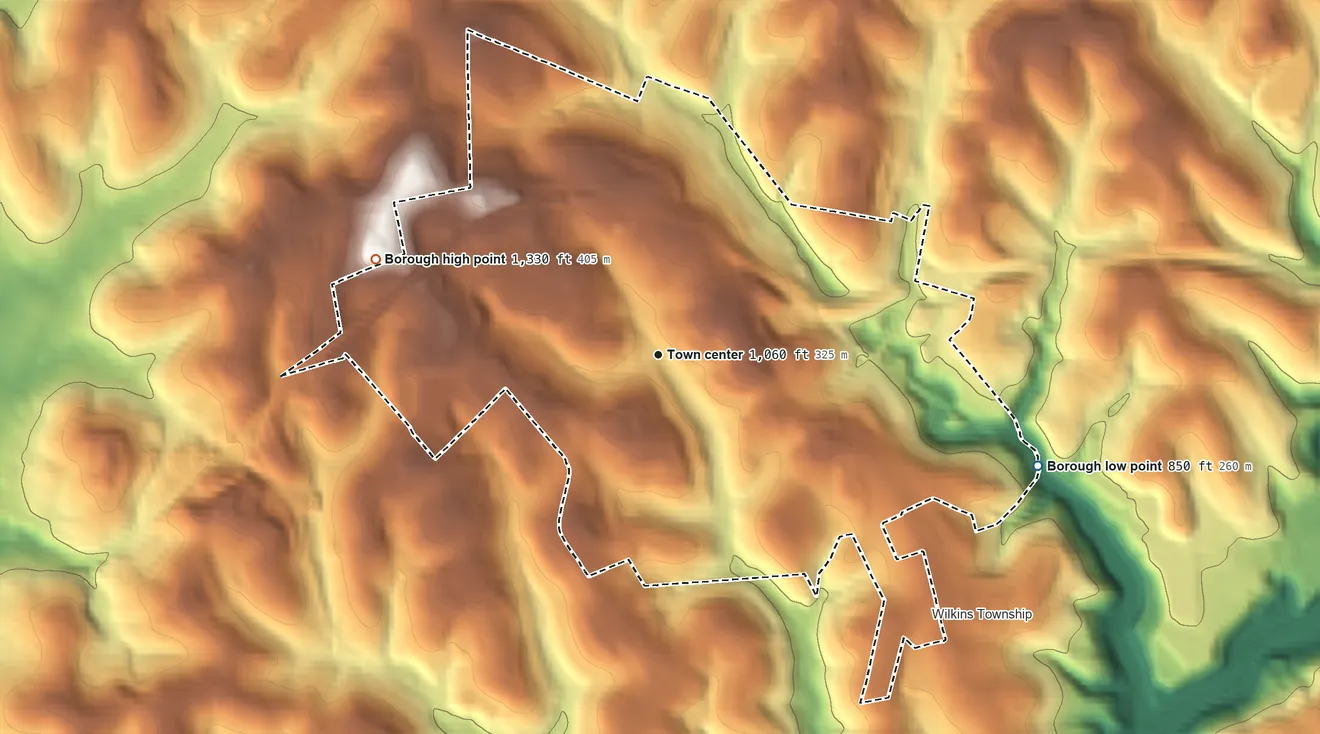 Topographic elevation map of Churchill, Pennsylvania, shaded from 850 ft on the east side to 1,330 ft on the west side