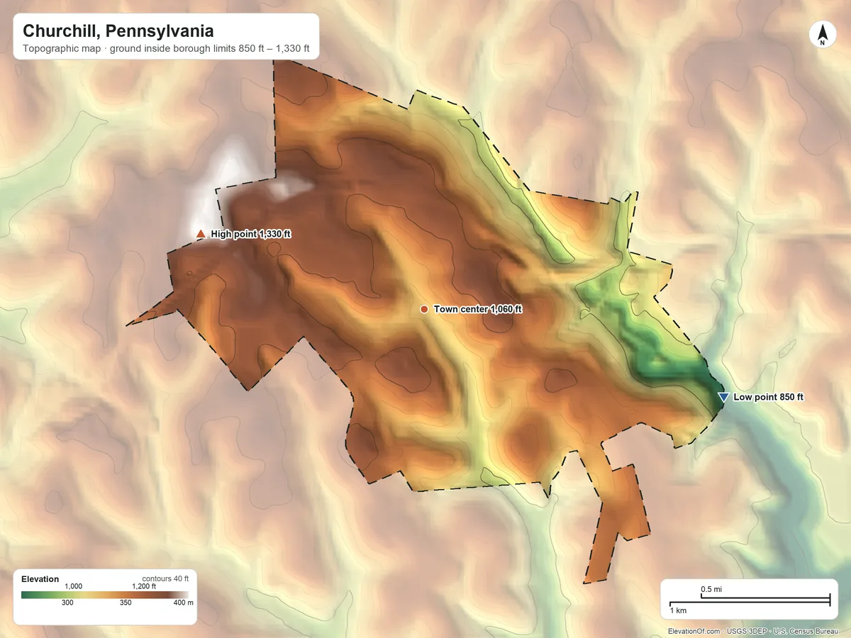 Topographic elevation map of Churchill, Pennsylvania, shaded from 850 ft on the east side to 1,330 ft on the west side