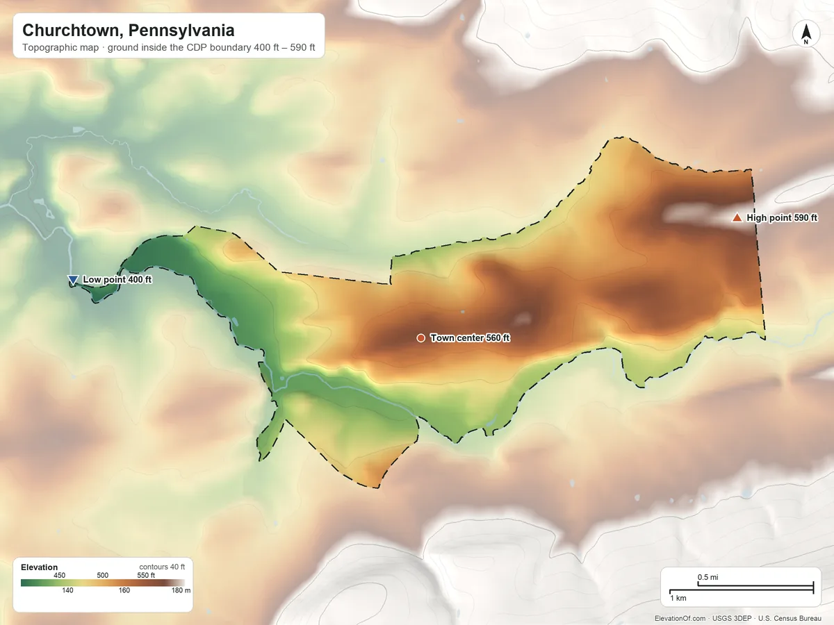 Topographic elevation map of Churchtown, Pennsylvania, shaded from 400 ft on the west side to 590 ft at the foot of The Baron Hills