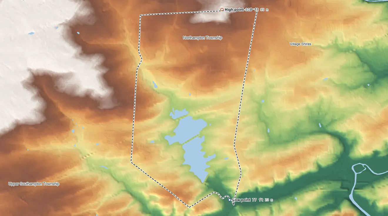 Topographic elevation map of Churchville, Pennsylvania, shaded from 77 ft on the south side to 310 ft on the northeast side