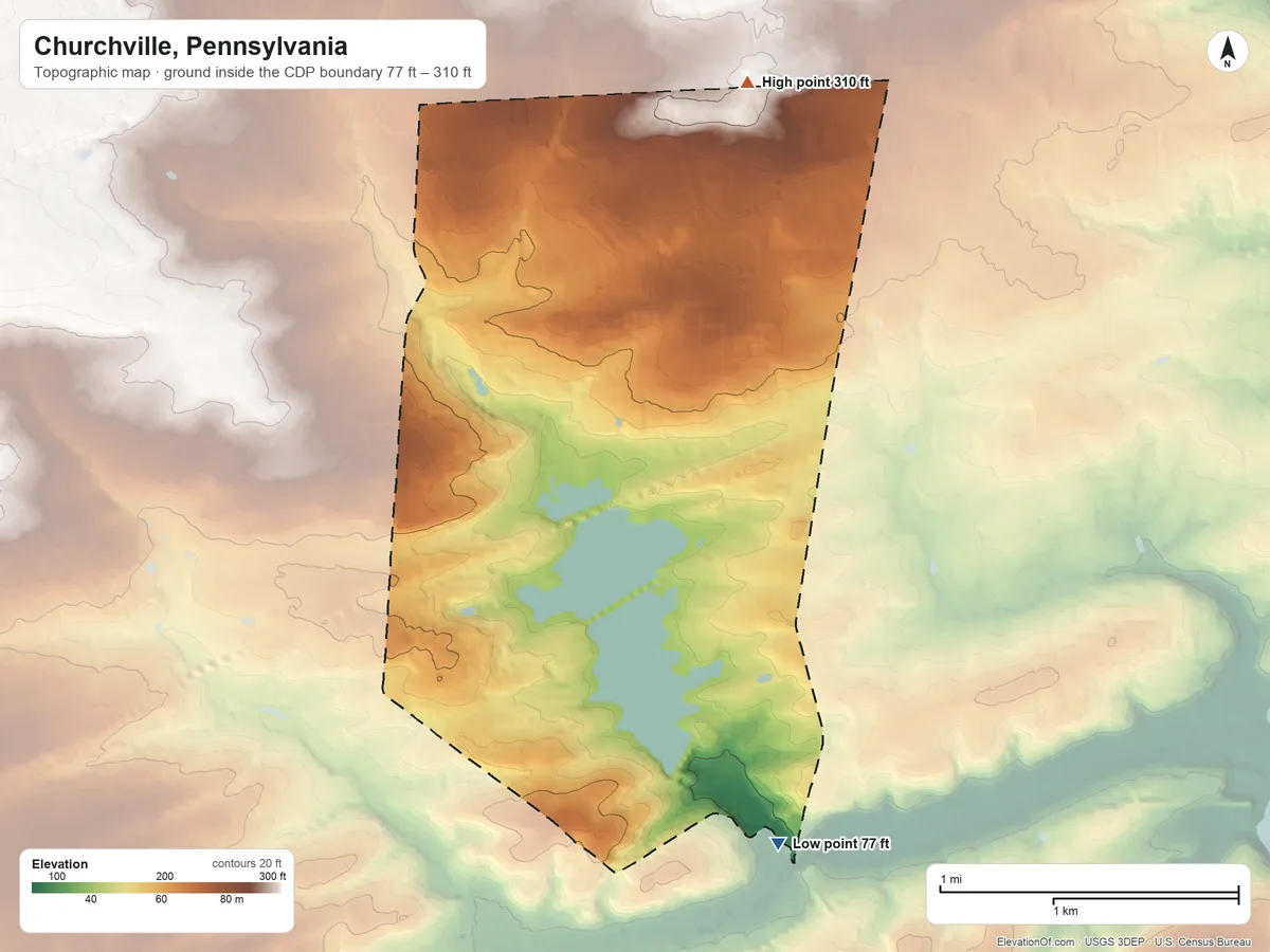 Topographic elevation map of Churchville, Pennsylvania, shaded from 77 ft on the south side to 310 ft on the northeast side