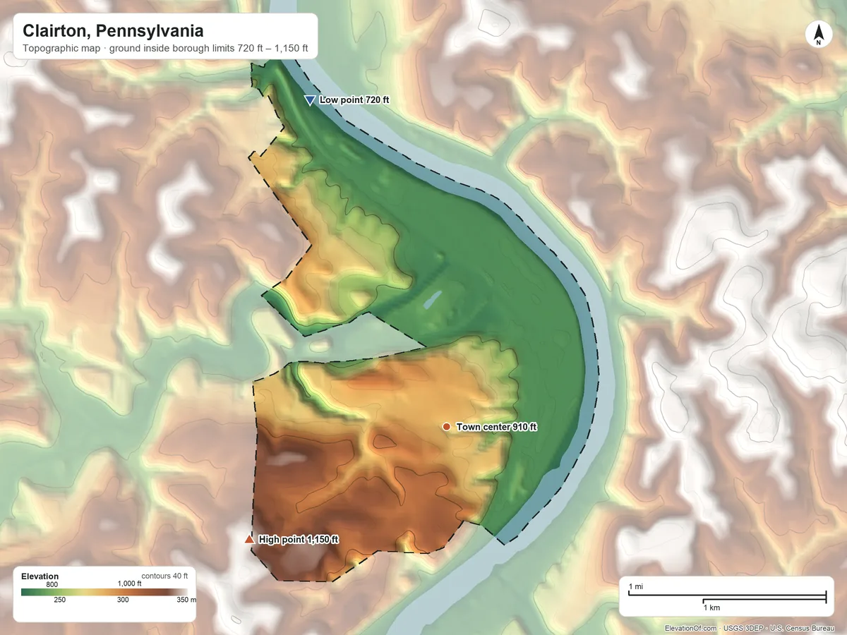 Topographic elevation map of Clairton, Pennsylvania, shaded from 720 ft on the northwest side to 1,150 ft on the southwest side
