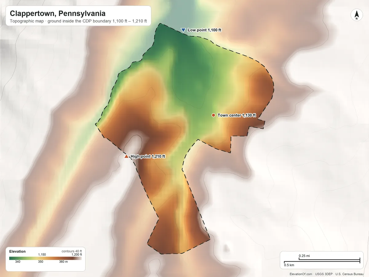 Topographic elevation map of Clappertown, Pennsylvania, shaded from 1,100 ft on the north side to 1,210 ft at the foot of the Tussey Mountain