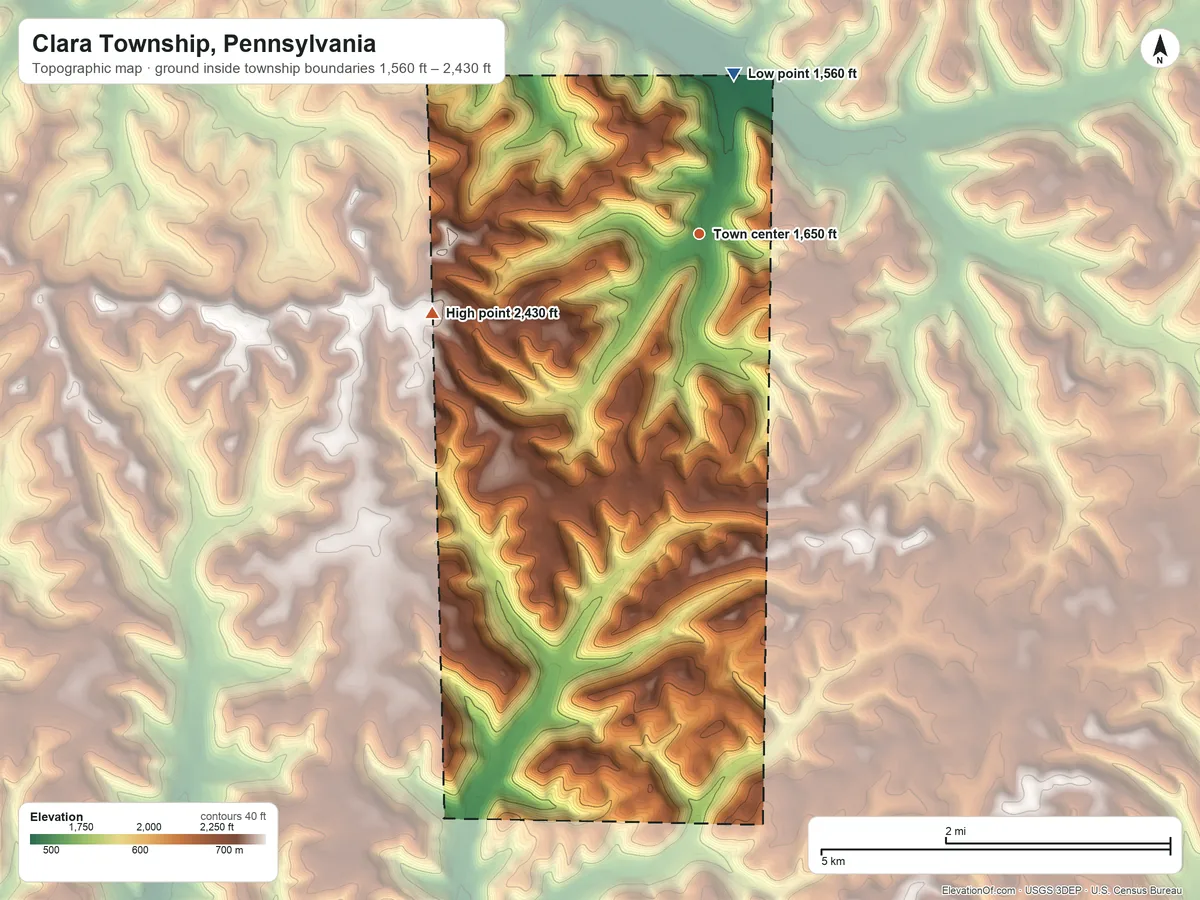 Topographic elevation map of Clara Township, Pennsylvania, shaded from 1,560 ft on the north side to 2,430 ft on the west side