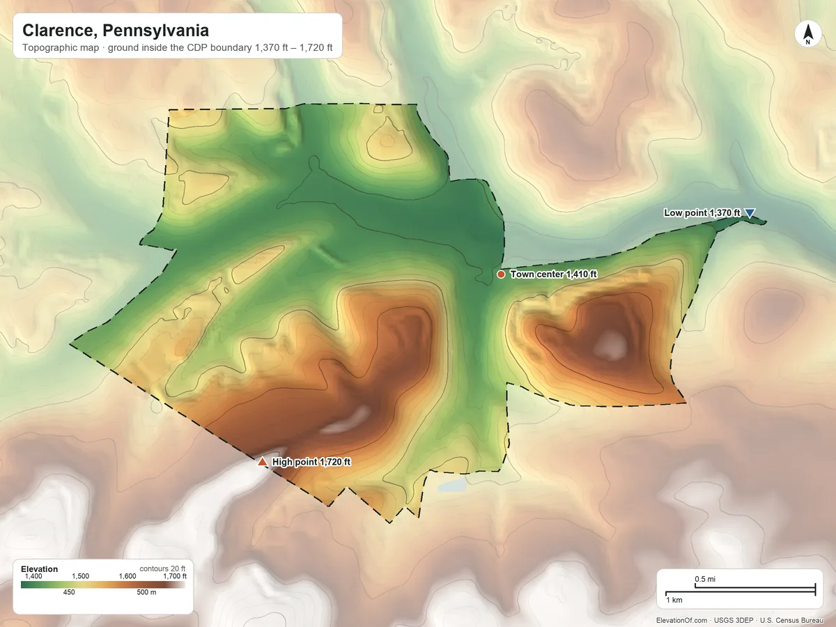 Topographic elevation map of Clarence, Pennsylvania, shaded from 1,370 ft on the east side to 1,720 ft on the southwest side