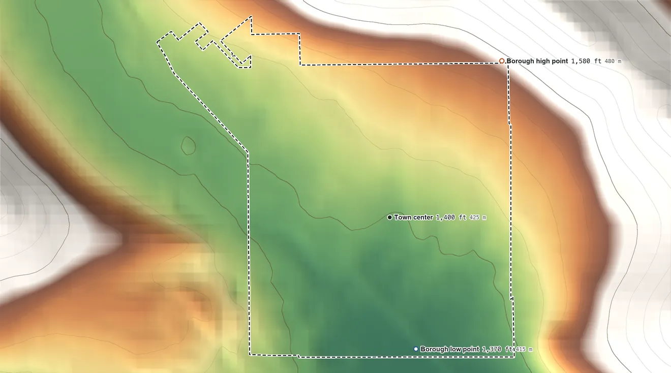 Topographic elevation map of Clarendon, Pennsylvania, shaded from 1,370 ft on the south side to 1,580 ft on the northeast edge, below higher ground just outside