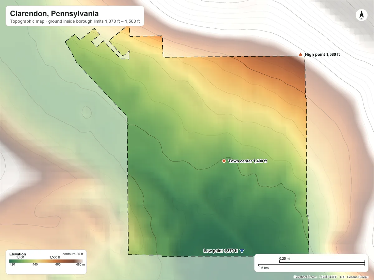 Topographic elevation map of Clarendon, Pennsylvania, shaded from 1,370 ft on the south side to 1,580 ft on the northeast edge, below higher ground just outside