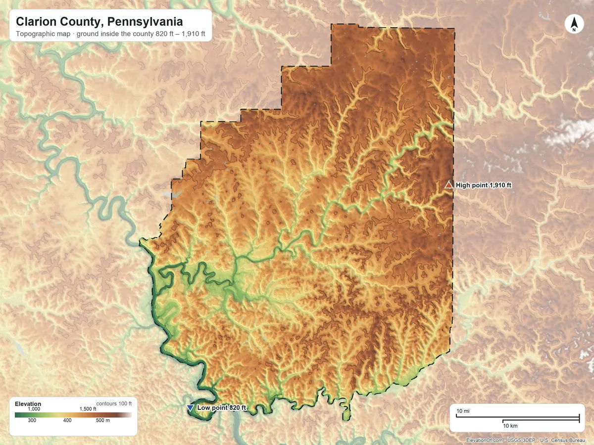 Topographic elevation map of Clarion County, Pennsylvania, shaded from 820 ft on the southwest side to 1,910 ft on the east side