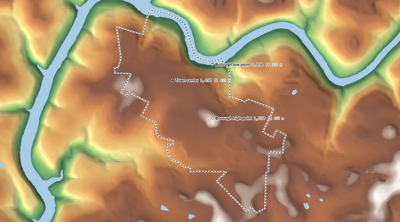 Topographic elevation map of Clarion, Pennsylvania, shaded from 1,090 ft on the east side to 1,550 ft on the southeast side