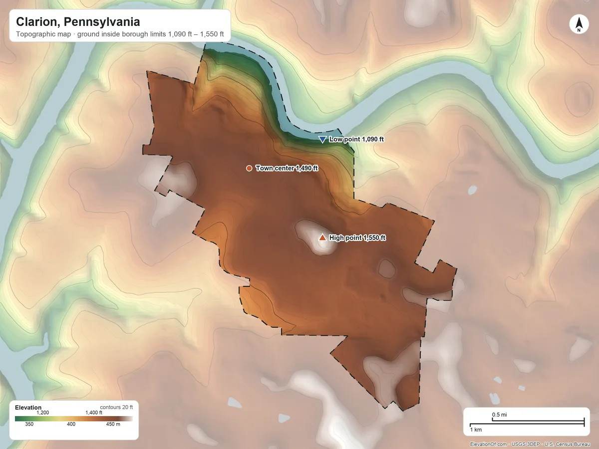 Topographic elevation map of Clarion, Pennsylvania, shaded from 1,090 ft on the east side to 1,550 ft on the southeast side