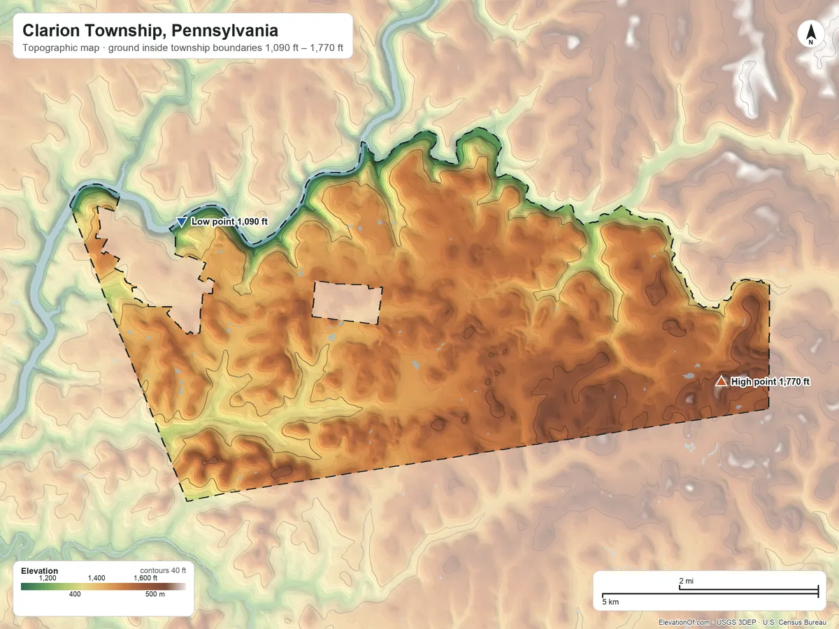 Topographic elevation map of Clarion Township, Pennsylvania, shaded from 1,090 ft on the northwest side to 1,770 ft on the east side