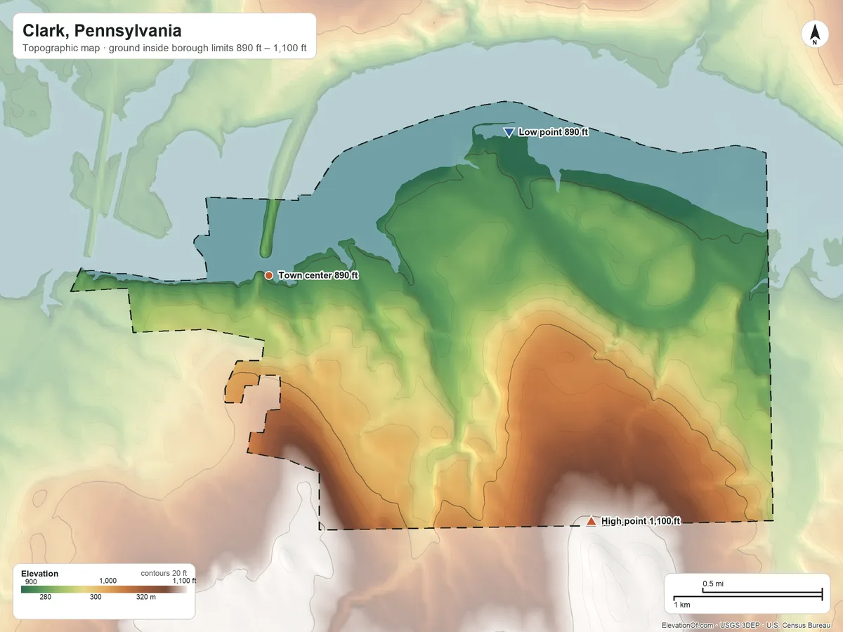 Topographic elevation map of Clark, Pennsylvania, shaded from 890 ft on the northeast side to 1,100 ft on the southeast side