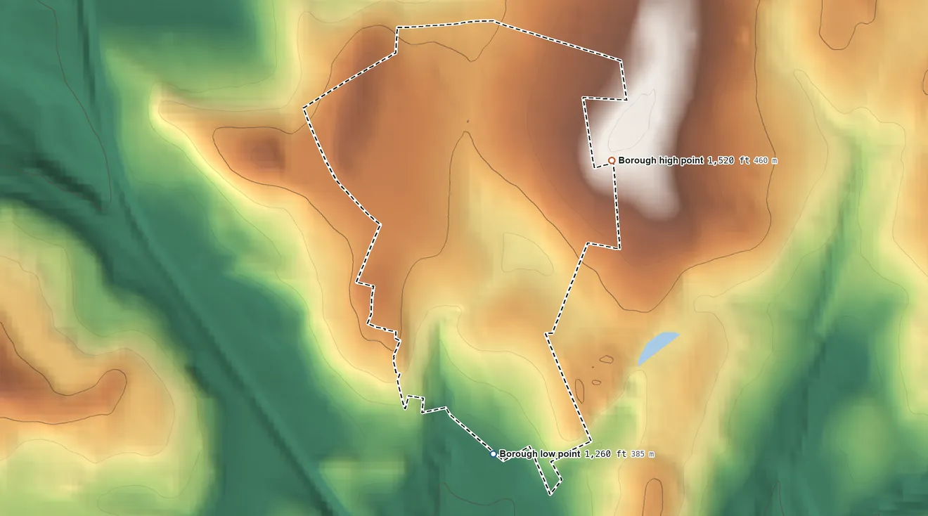 Topographic elevation map of Clarks Green, Pennsylvania, shaded from 1,260 ft on the south side to 1,520 ft on the northeast side