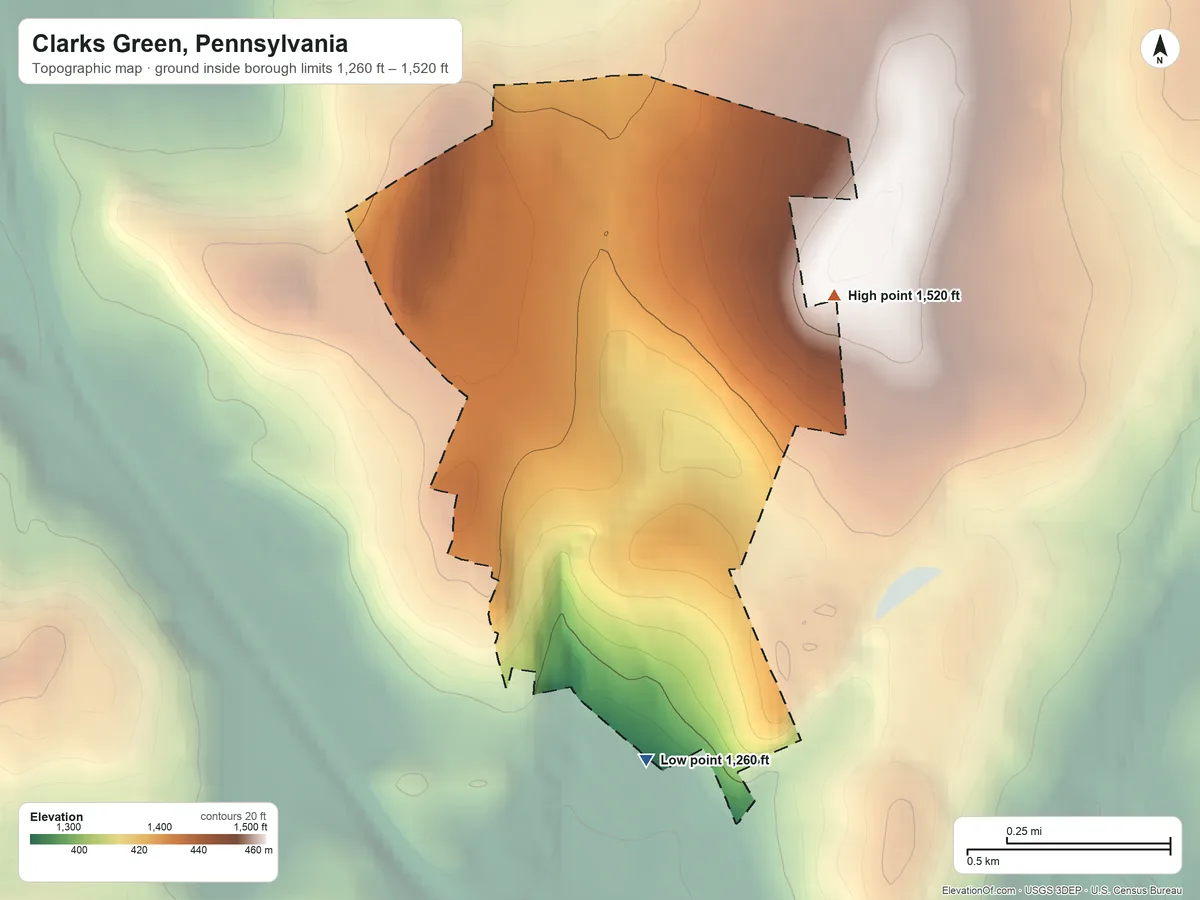 Topographic elevation map of Clarks Green, Pennsylvania, shaded from 1,260 ft on the south side to 1,520 ft on the northeast side