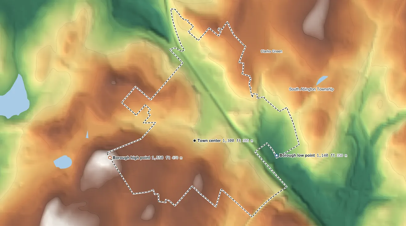 Topographic elevation map of Clarks Summit, Pennsylvania, shaded from 1,140 ft on the east side to 1,550 ft at the foot of the Moosic Mountains