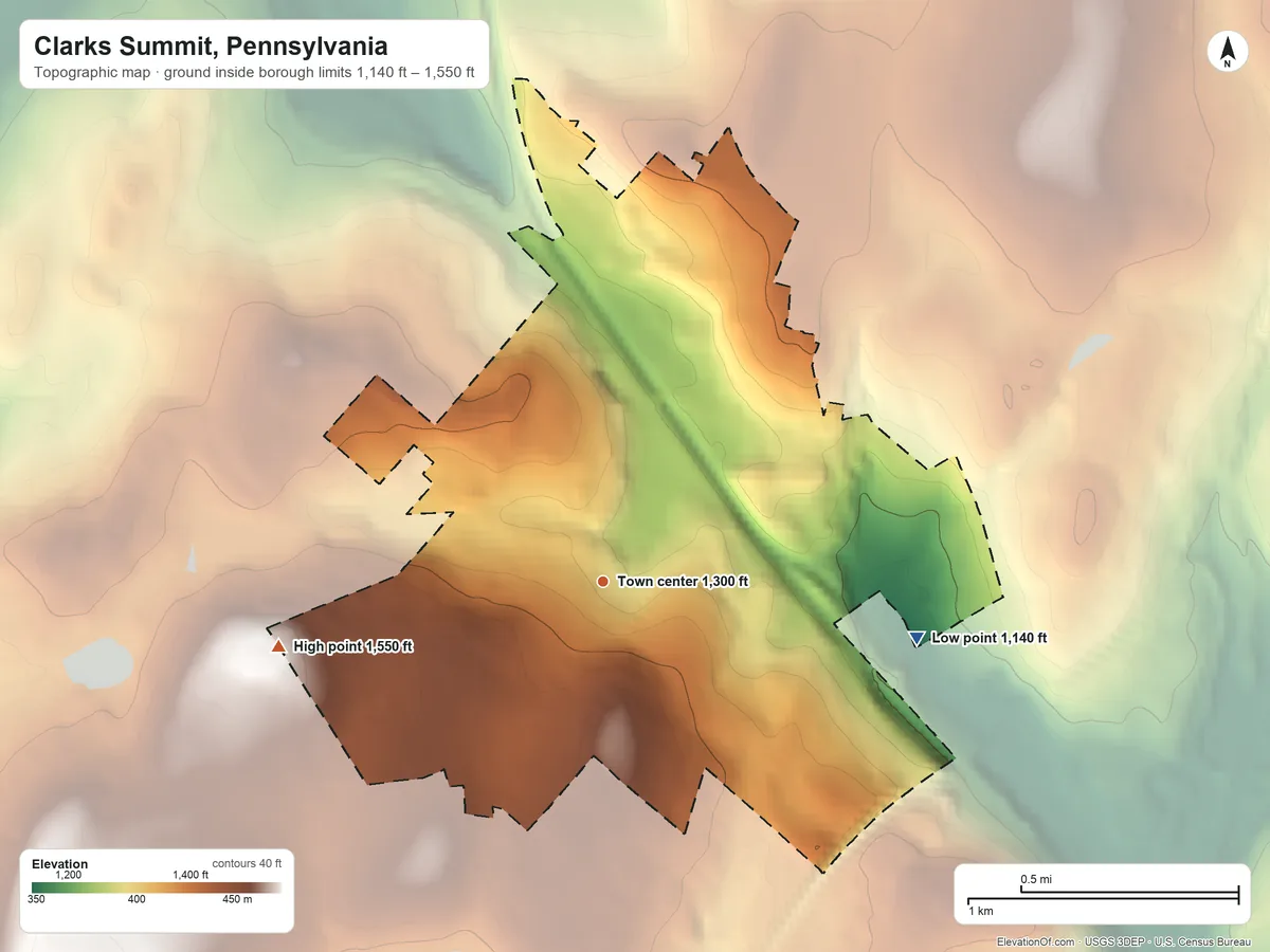 Topographic elevation map of Clarks Summit, Pennsylvania, shaded from 1,140 ft on the east side to 1,550 ft at the foot of the Moosic Mountains