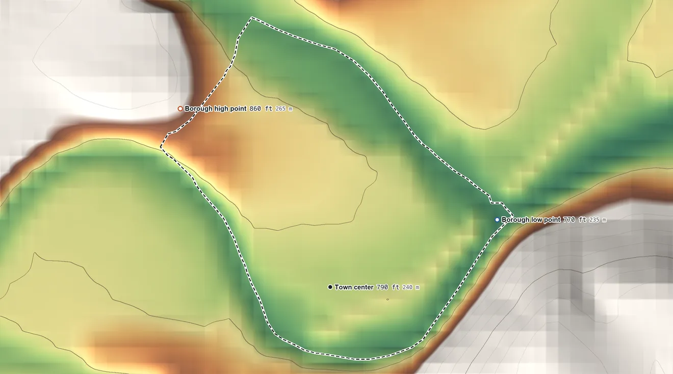 Topographic elevation map of Clarksville, Pennsylvania, shaded from 770 ft on the east side to 860 ft on the northwest edge, below higher ground just outside
