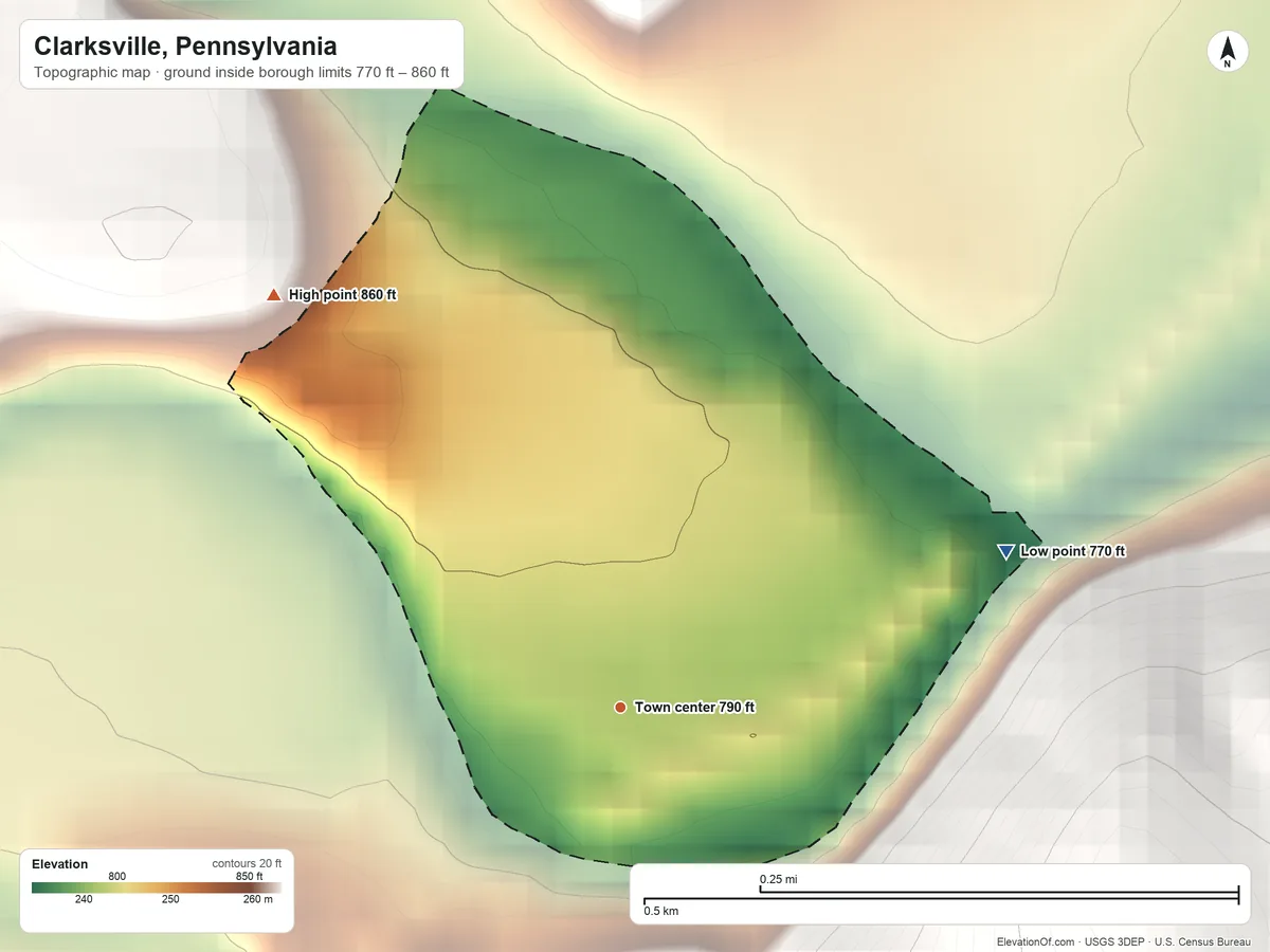 Topographic elevation map of Clarksville, Pennsylvania, shaded from 770 ft on the east side to 860 ft on the northwest edge, below higher ground just outside