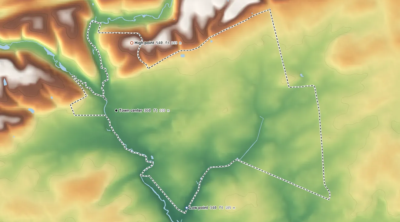 Topographic elevation map of Clay, Pennsylvania, shaded from 340 ft on the southeast side to 540 ft at the foot of the Furnace Hills