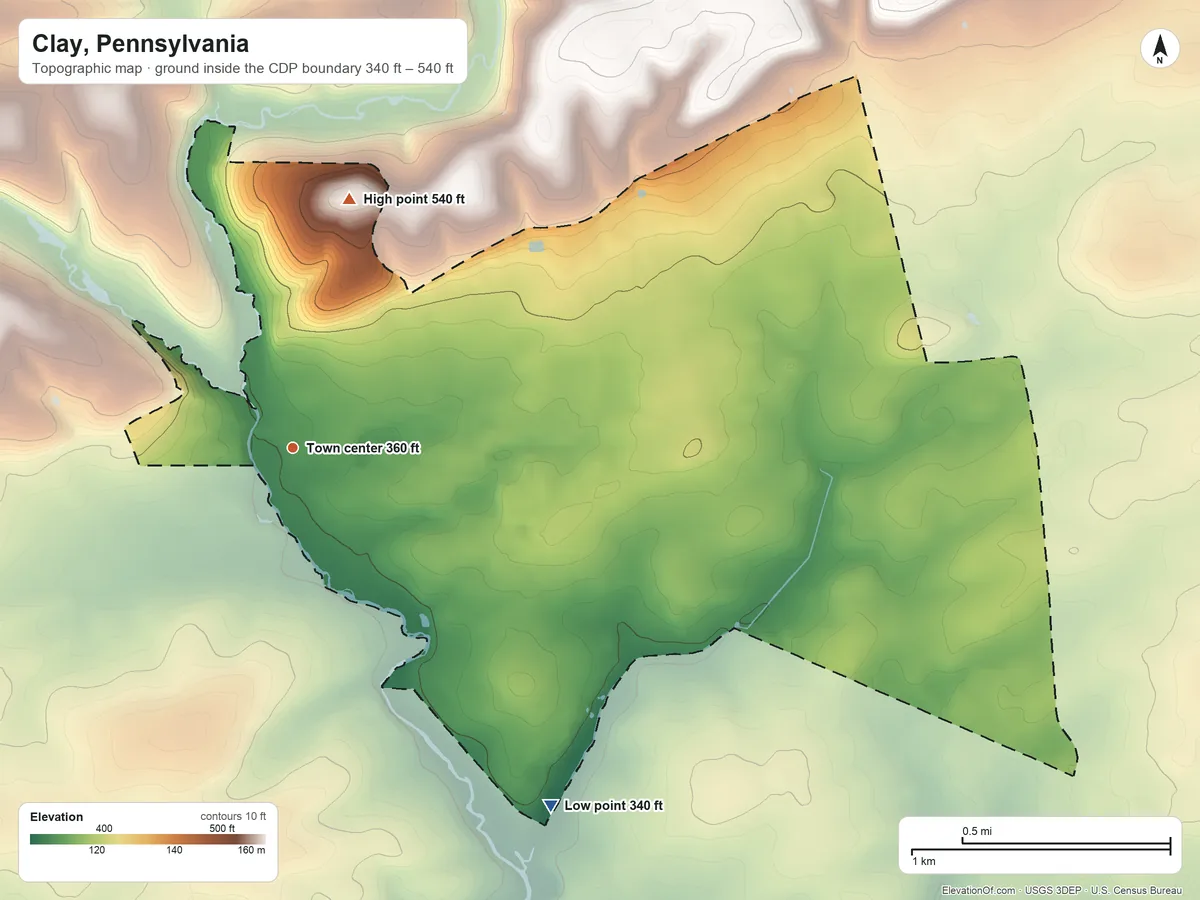 Topographic elevation map of Clay, Pennsylvania, shaded from 340 ft on the southeast side to 540 ft at the foot of the Furnace Hills