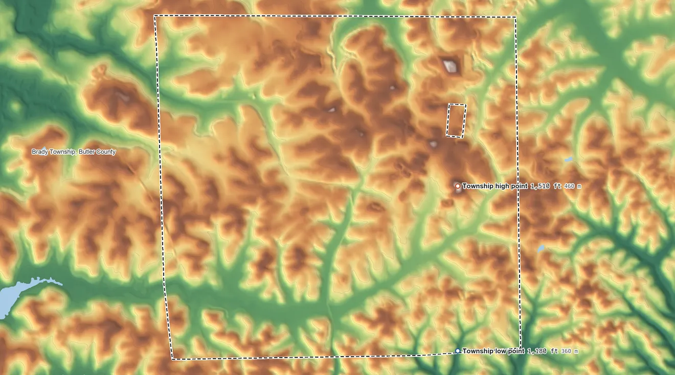 Topographic elevation map of Clay Township, Butler County, Pennsylvania, shaded from 1,180 ft on the southeast side to 1,510 ft on the east side