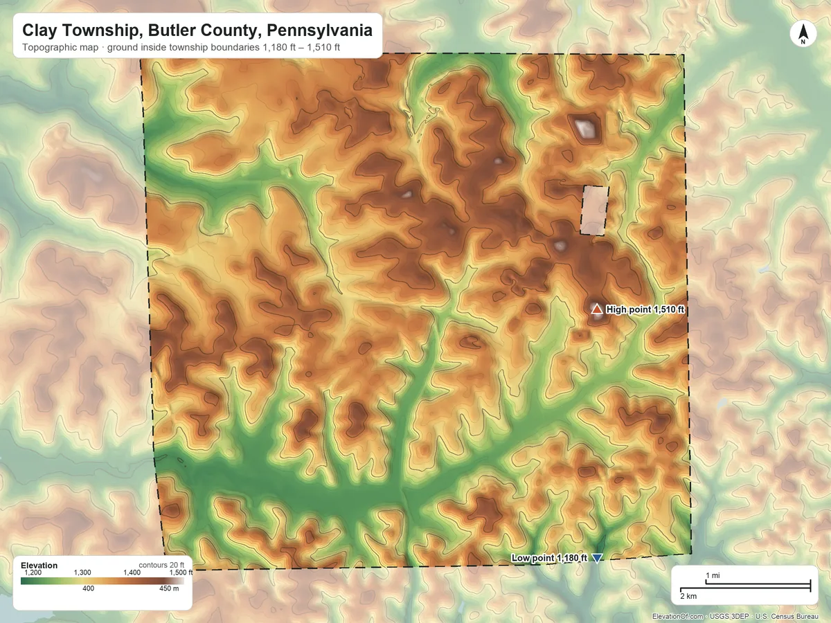 Topographic elevation map of Clay Township, Butler County, Pennsylvania, shaded from 1,180 ft on the southeast side to 1,510 ft on the east side
