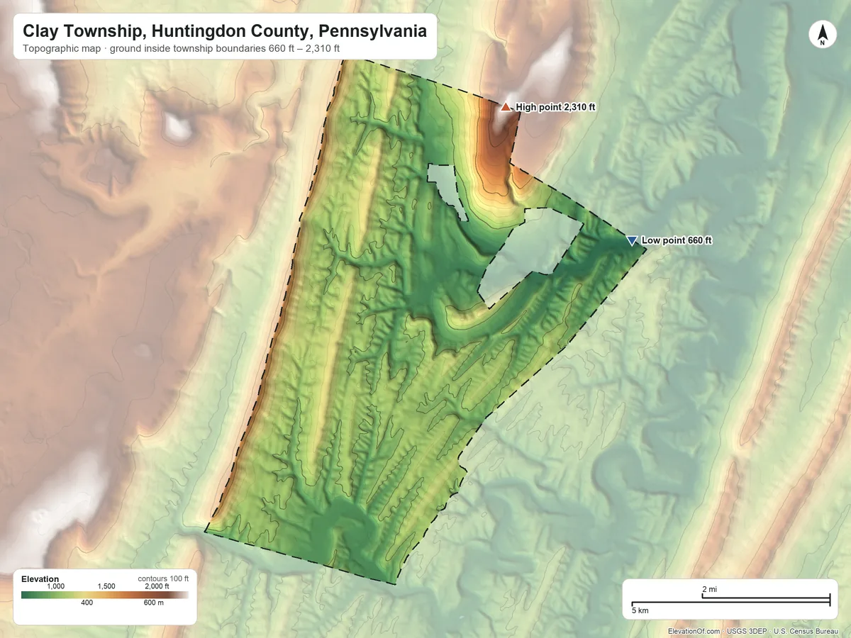 Topographic elevation map of Clay Township, Huntingdon County, Pennsylvania, shaded from 660 ft on the east side to 2,310 ft on the northeast side