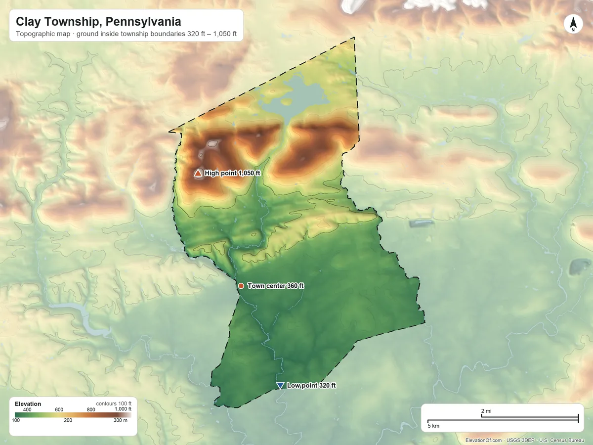 Topographic elevation map of Clay Township, Pennsylvania, shaded from 320 ft on the south side to 1,050 ft on the north side