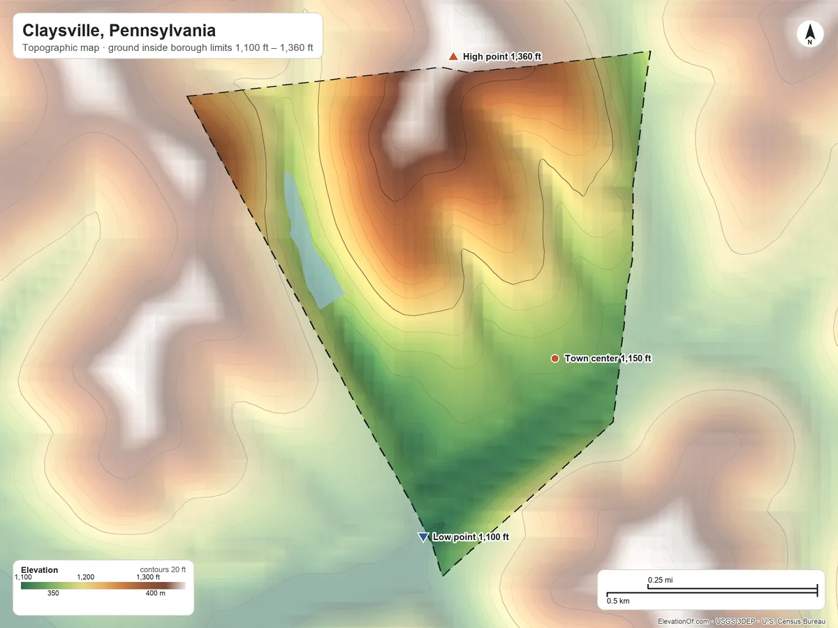 Topographic elevation map of Claysville, Pennsylvania, shaded from 1,100 ft on the southwest side to 1,360 ft on the north side