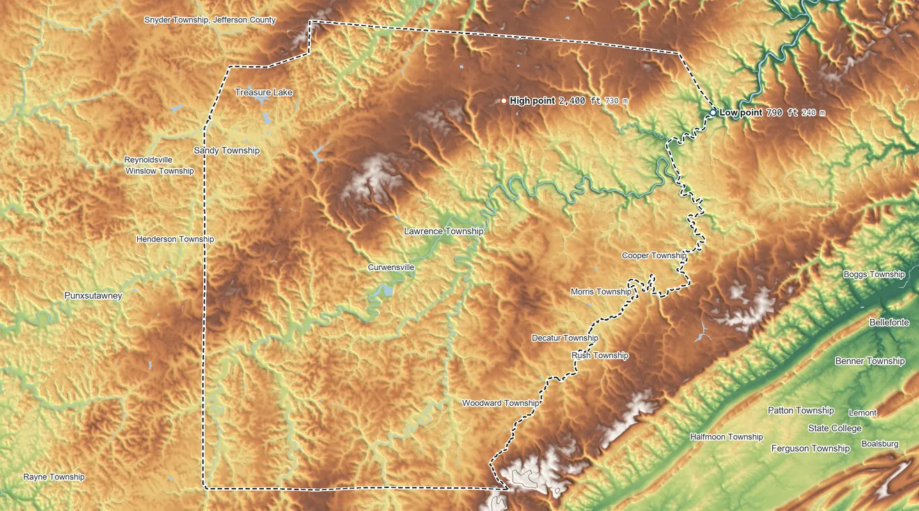Topographic elevation map of Clearfield County, Pennsylvania, shaded from 790 ft on the northeast side to 2,400 ft on the north side