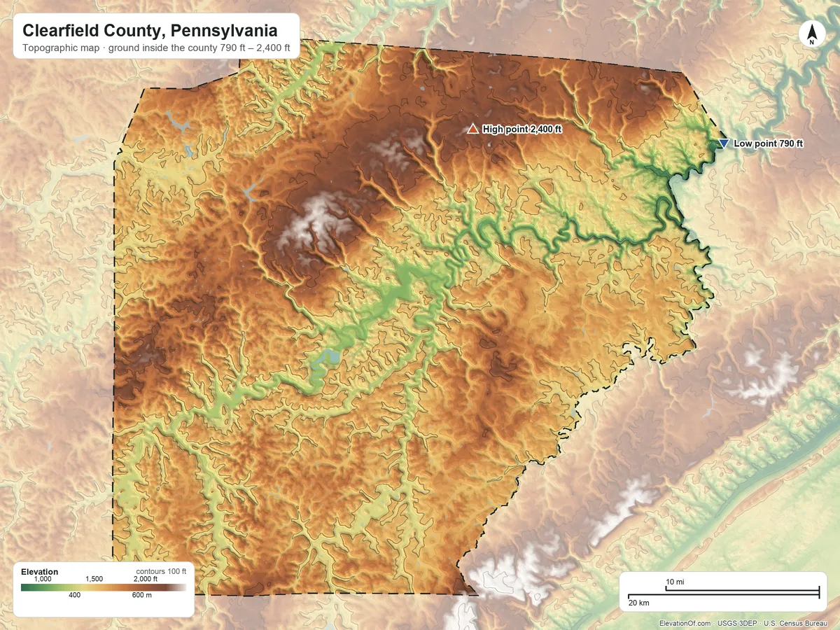 Topographic elevation map of Clearfield County, Pennsylvania, shaded from 790 ft on the northeast side to 2,400 ft on the north side