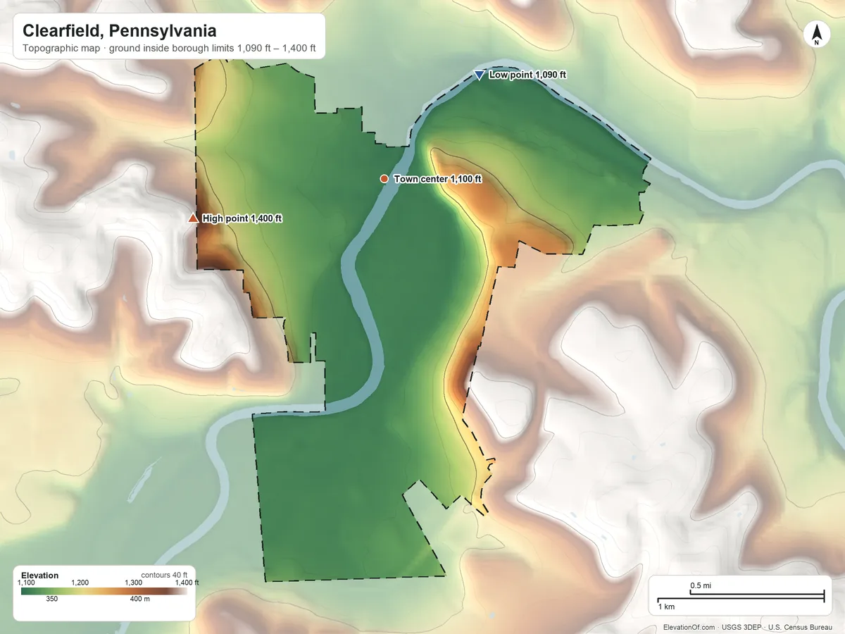 Topographic elevation map of Clearfield, Pennsylvania, shaded from 1,090 ft on the northeast side to 1,400 ft on the west side