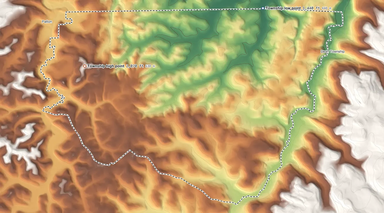 Topographic elevation map of Clearfield Township, Cambria County, Pennsylvania, shaded from 1,440 ft on the northeast side to 2,070 ft on the northwest side