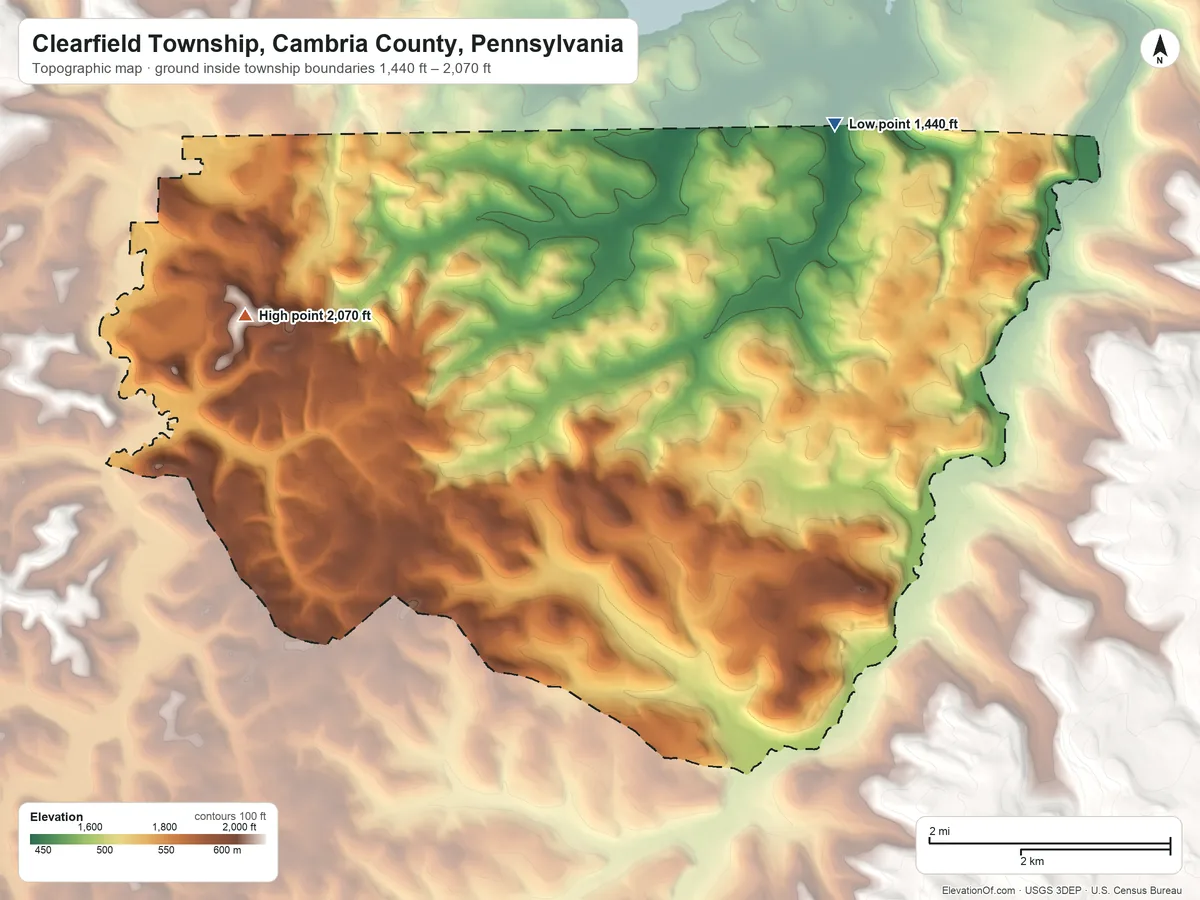 Topographic elevation map of Clearfield Township, Cambria County, Pennsylvania, shaded from 1,440 ft on the northeast side to 2,070 ft on the northwest side