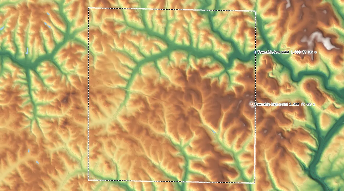 Topographic elevation map of Clearfield Township, Pennsylvania, shaded from 1,030 ft on the northeast side to 1,500 ft on the east side