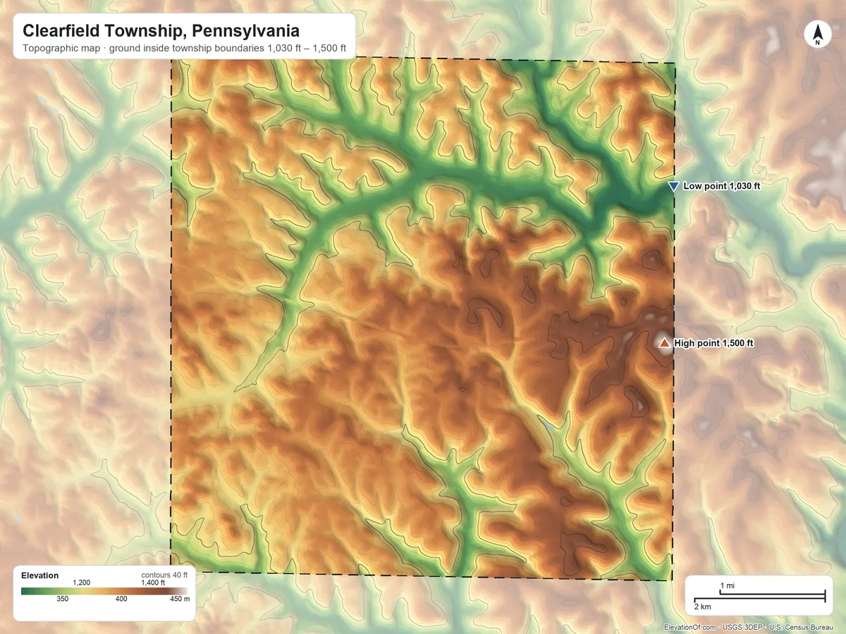 Topographic elevation map of Clearfield Township, Pennsylvania, shaded from 1,030 ft on the northeast side to 1,500 ft on the east side