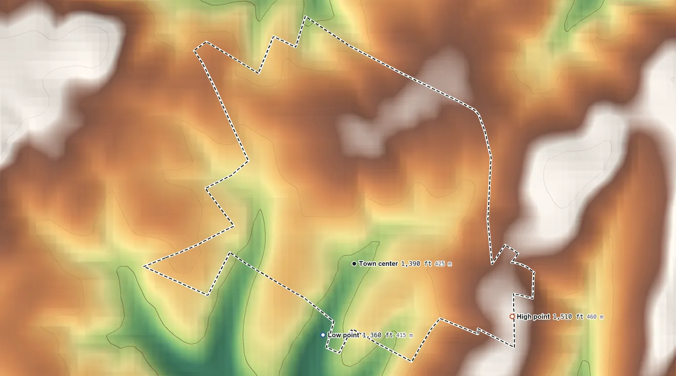 Topographic elevation map of Clearville, Pennsylvania, shaded from 1,360 ft on the southwest side to 1,510 ft on the east side