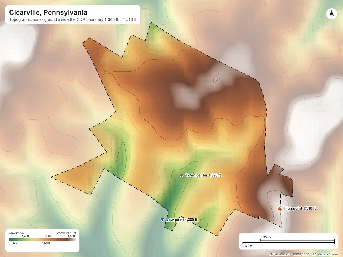 Topographic elevation map of Clearville, Pennsylvania, shaded from 1,360 ft on the southwest side to 1,510 ft on the east side