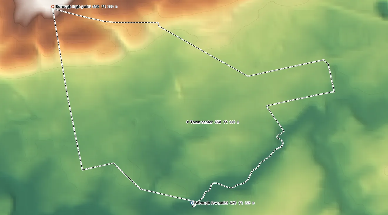 Topographic elevation map of Cleona, Pennsylvania, shaded from 420 ft on the south side to 630 ft on the northwest side