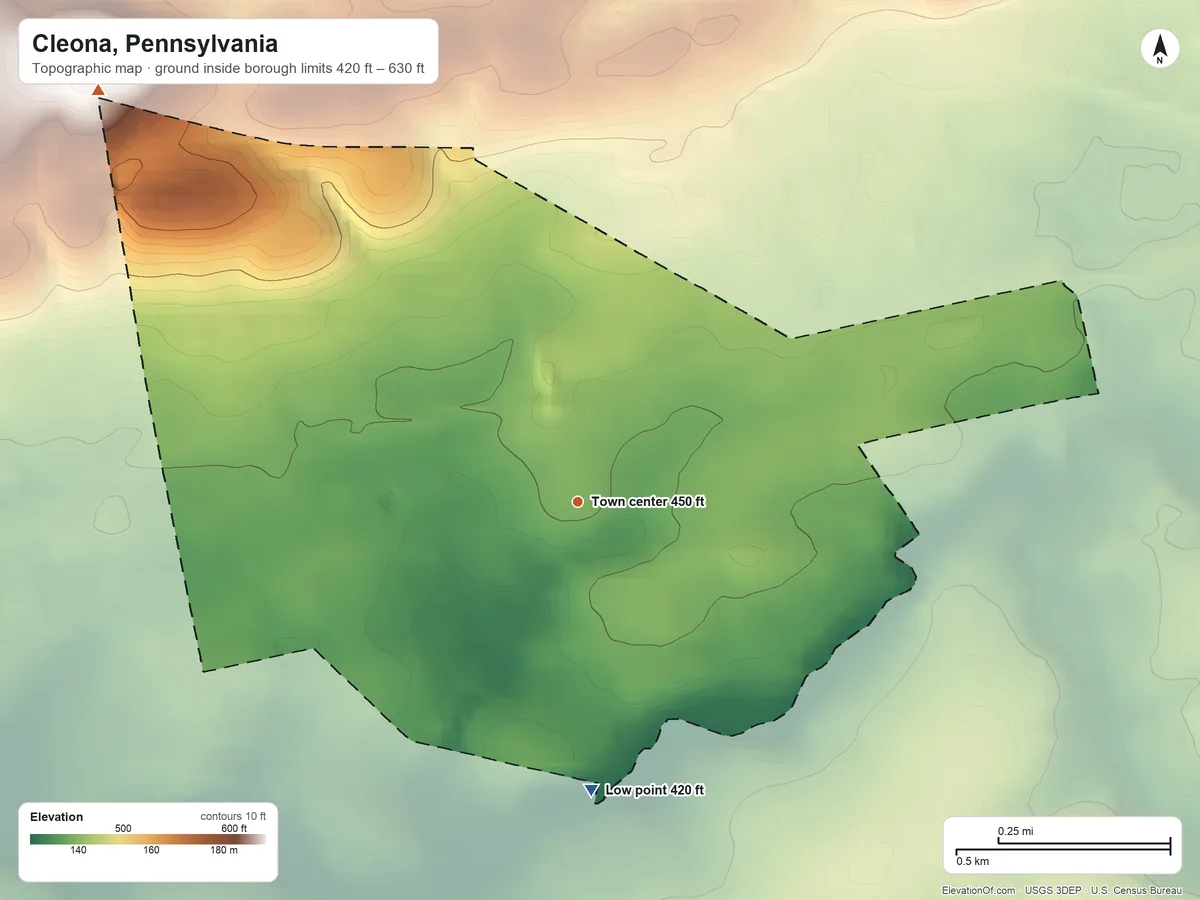 Topographic elevation map of Cleona, Pennsylvania, shaded from 420 ft on the south side to 630 ft on the northwest side