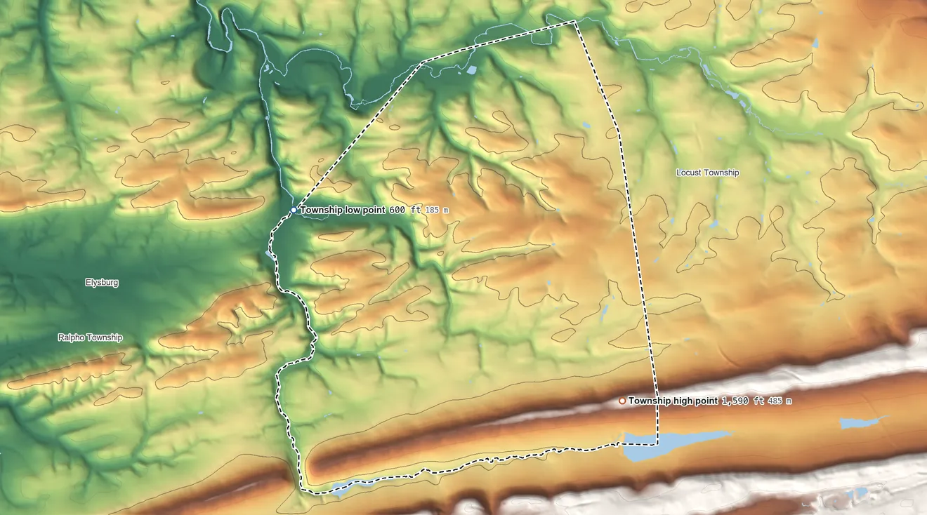 Topographic elevation map of Cleveland Township, Pennsylvania, shaded from 600 ft on the west side to 1,590 ft on the southeast side