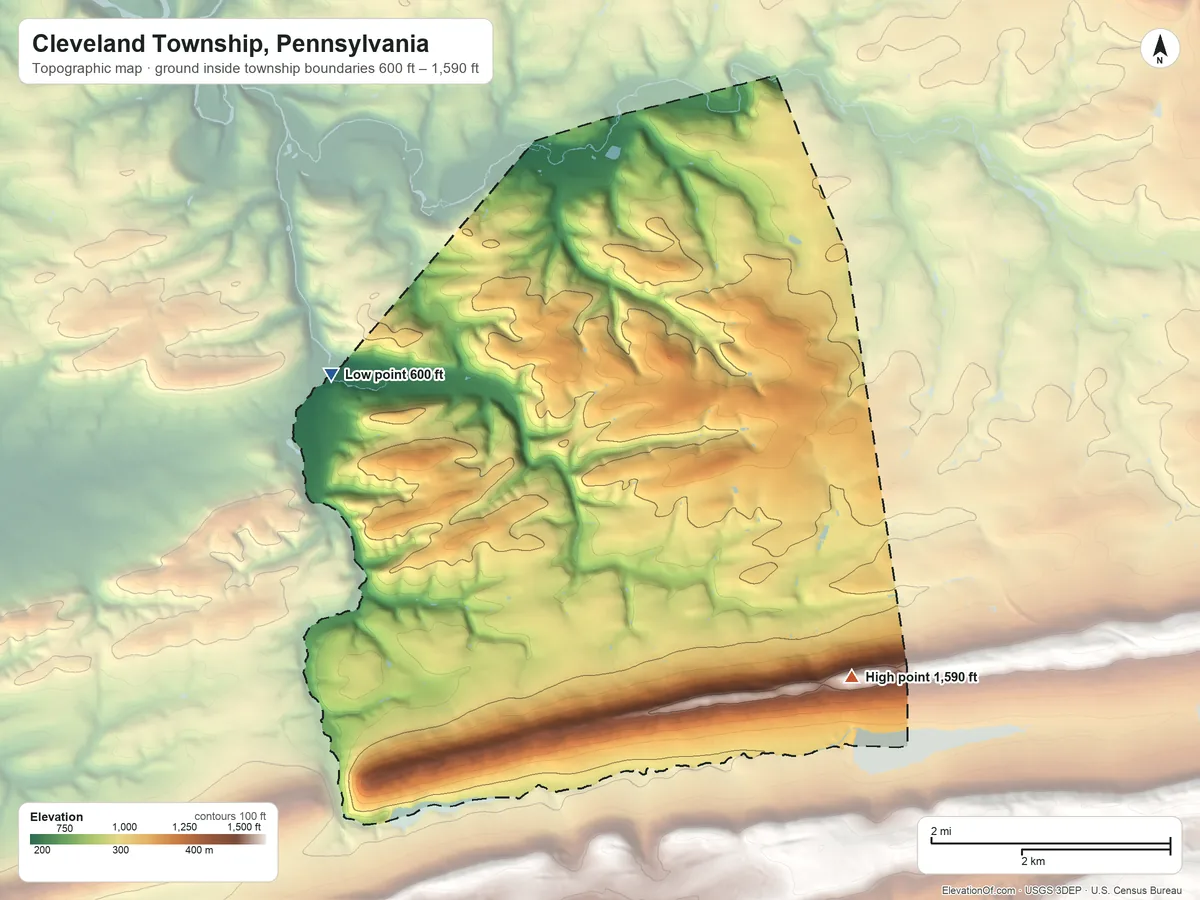 Topographic elevation map of Cleveland Township, Pennsylvania, shaded from 600 ft on the west side to 1,590 ft on the southeast side