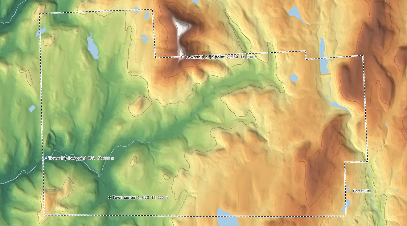 Topographic elevation map of Clifford Township, Pennsylvania, shaded from 980 ft on the northwest side to 2,550 ft on the northeast edge, below higher ground just outside