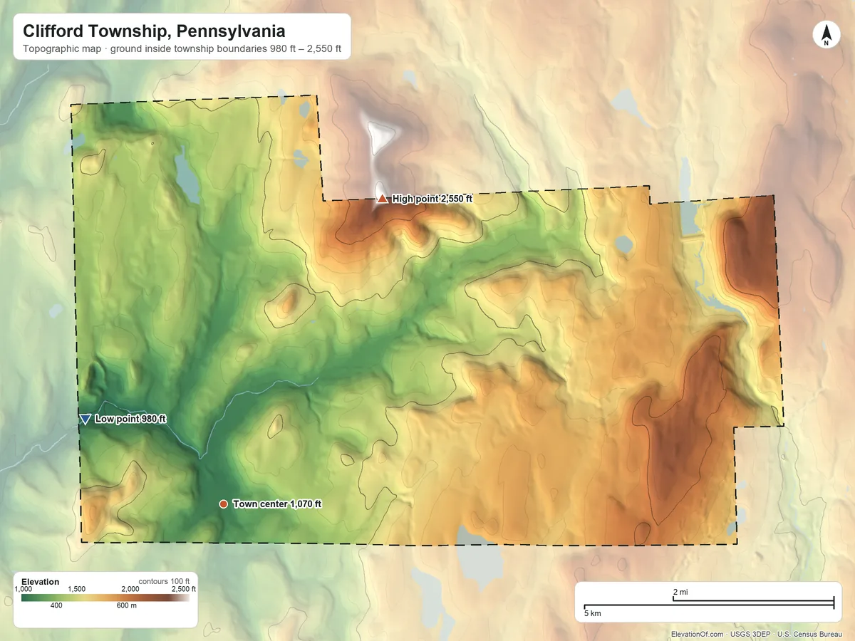 Topographic elevation map of Clifford Township, Pennsylvania, shaded from 980 ft on the northwest side to 2,550 ft on the northeast edge, below higher ground just outside