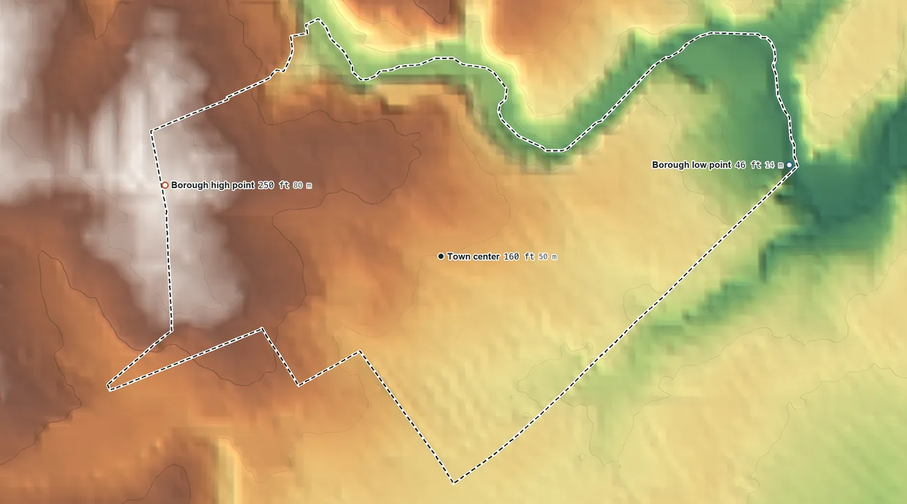 Topographic elevation map of Clifton Heights, Pennsylvania, shaded from 46 ft on the east side to 250 ft on the west side