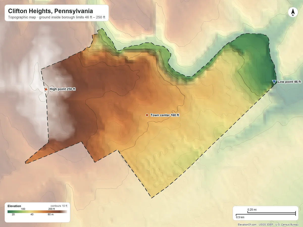 Topographic elevation map of Clifton Heights, Pennsylvania, shaded from 46 ft on the east side to 250 ft on the west side