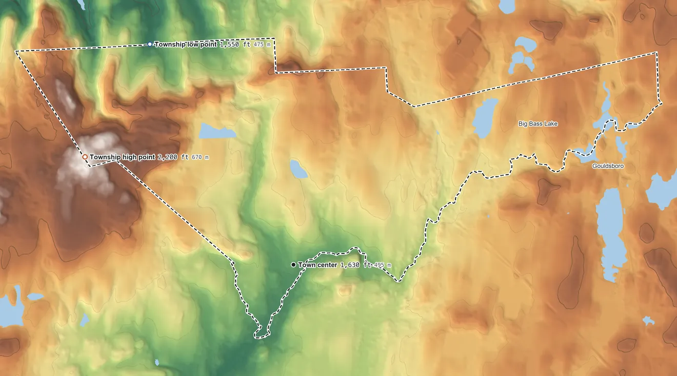 Topographic elevation map of Clifton Township, Pennsylvania, shaded from 1,550 ft on the northwest side to 2,200 ft on the northwest side