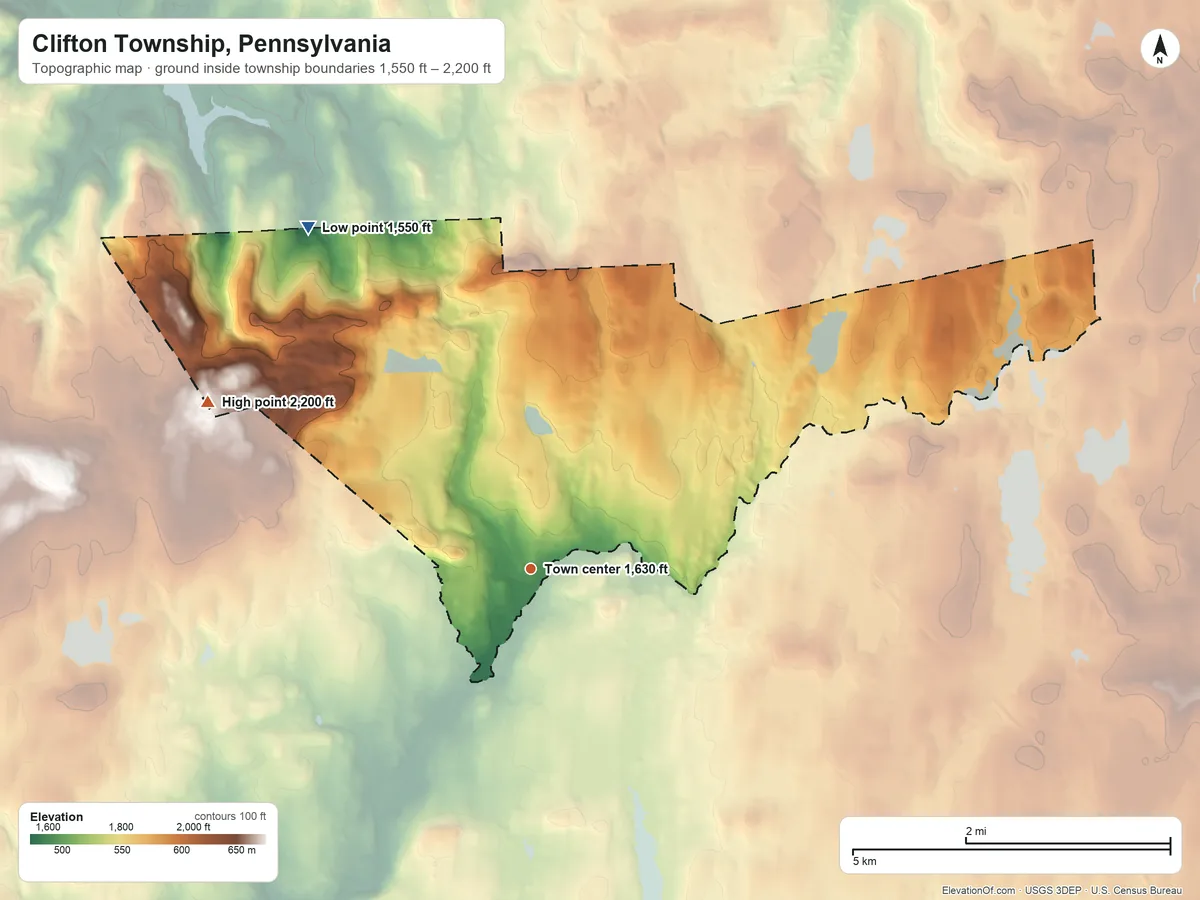 Topographic elevation map of Clifton Township, Pennsylvania, shaded from 1,550 ft on the northwest side to 2,200 ft on the northwest side